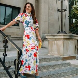RIXO Red and Yellow Mock Neck Sundress with Puff Sleeves Y2k sz. 4